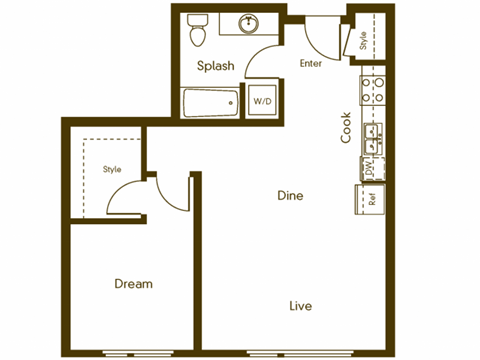Floor plan for 1 bed, 1 bath, 696 sqft